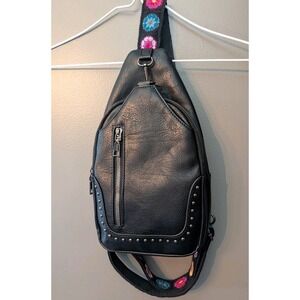 Sam and Hadley Women's Black Studded Over Shoulder Bag Floral Strap Pockets